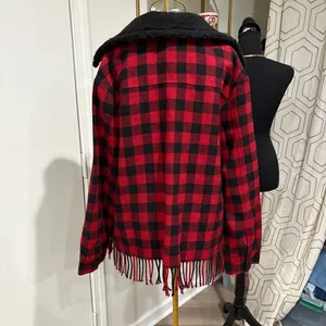 Chaps Red Black Plaid Fringe Jacket Sherpa Collar XL thumbnail 5