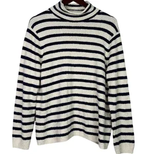 J. Crew Striped Knit Boucle Mock Neck Long Sleeve Sweater L Cream Navy Blue thumbnail 1