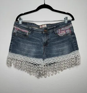 LEI Y2K Boho Denim Shorts with Lace Fringe thumbnail 1