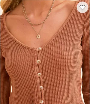 NWT Billabong Waffle Knit Henley Crop Top L Rust Terracotta Button Up Thermal thumbnail 2