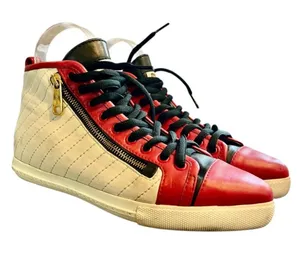 Miu Miu Prada Red White & Black Pointed Toe High Top Nappa Biker Sneakers thumbnail 1