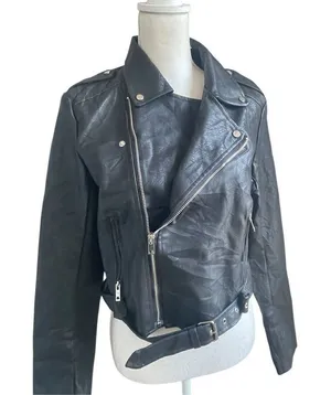 Lulus Women’s Faux Leather Moto Jacket Black L Belted Zippered thumbnail 1