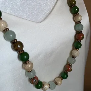 Long Mixed Jasper Agate Stone Bead Strand Necklace with Etched Copper Spacers thumbnail 1