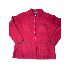 Charter Club Womens L Red 100% Wool Jacket 4 Pocket Button Front Leather Trim thumbnail 2