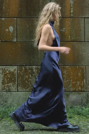 Zara maxi dress satin slip gown Elegant blue Halter formal party wedding prom thumbnail 14