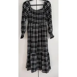 Lucky Brand Black Plaid Smocked Midi Dress‎ Grunge Cottagecore Long Sleeve NWT thumbnail 4