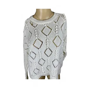 Ann Taylor LOFT‎ Bobble Sweater Womens Size Medium Ivory Diamond Open Knit thumbnail 2