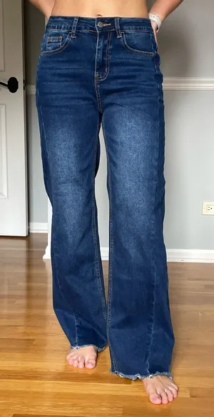 SIDEFEEL Women’s Size 6 High Rise Wide Leg Jeans Dark Wash Raw Frayed Hem thumbnail 1