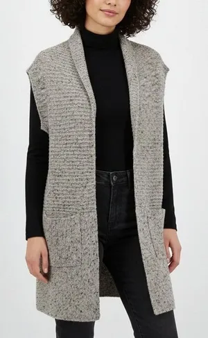 Brochu Walker 100% Cashmere Noah Wrap Open Cardigan Vest SM Earthen‎ Tweed Gray thumbnail 1