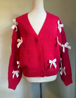 Luna Ivy red Bow Cardigan Sweater M Coquette NEW peppy Y2K cottage Anthro dainty thumbnail 1