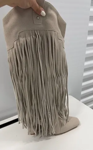 Fringe Western Tall Boots Square Toe Block Heel Beige Faux Suede Boho Stone 7,5 thumbnail 1
