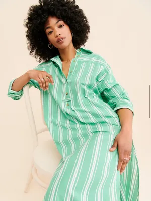 NWT Anthropologie Mint Green and White Striped Midi Shirt Dress Cotton thumbnail 4