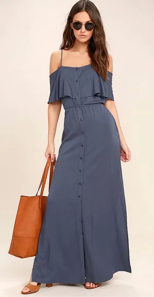 Lulus Slate Blue Off the Shoulder Ruffle Button Down Maxi Dress Medium thumbnail 1