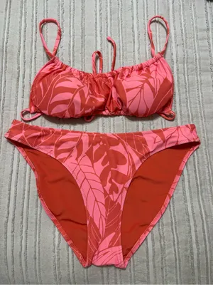 Aerie Coral Pink Leaf-Print Bikini Set thumbnail 1