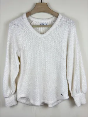 Butter Soft Fuzzy Knit V Neck Balloon Sleeve Sweater Ivory Hollister S Cozy thumbnail 1