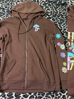 2000s style whimsical brown graphic oversized zip up hoodie w mushroom graphic thumbnail 5