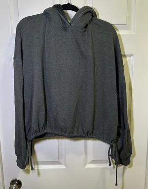 American Eagle Hooded Sweatshirt Sz XXL Cropped Drawstring Hem Gray Sherpa Hood thumbnail 1