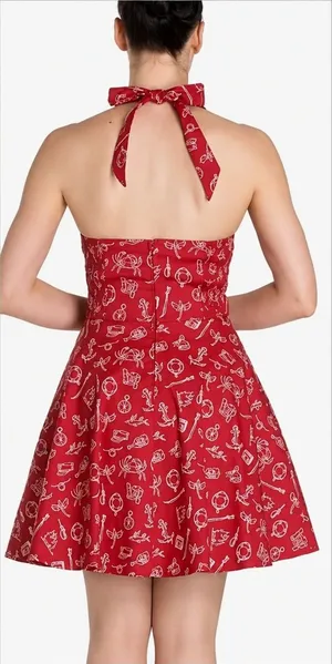 Hell‎ Bunny Red Nautical Print Halter Dress Womens Large Rockabilly Retro Pinup thumbnail 1