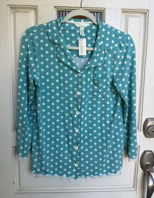 Soma Cool Nights Pajama Top Teal Polka Dot Lace‎ Trim Button Down Size Small NEW thumbnail 1