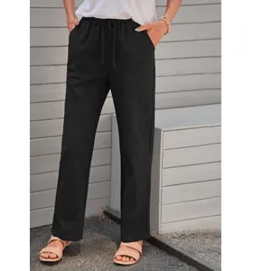 NWT ~ Women's Black Cotton Casual Straight Leg Drawstring High Waist Pants ~ M thumbnail 2