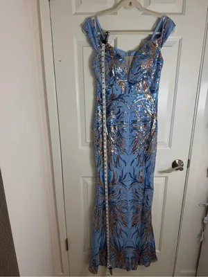 Sparkling Blue Off-Shoulder‎ High-Slit Evening Dress thumbnail 5