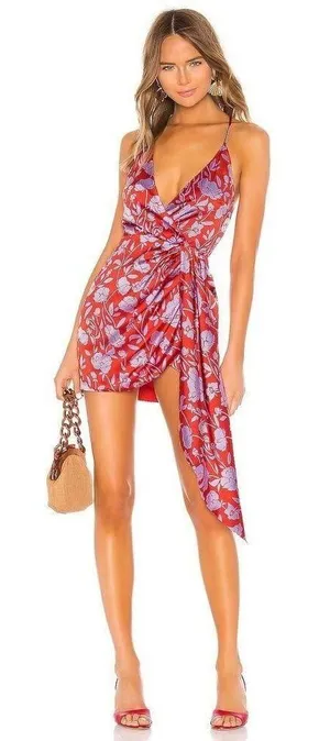 Revolve Lovers + Friends Kamala Mini Dress Medium Red Purple Floral Satin Draped thumbnail 1