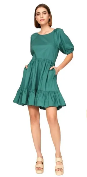 Peter Som Collective Dress Womens 12 Green Puff Sleeve Tie Fit And Flare Mini‎ thumbnail 1