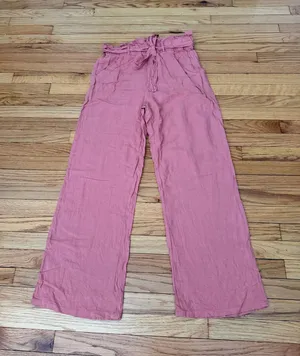 Thread & Supply Linen Pleated Belt Paperbag High Waist Wide Trousers Sz L Rose Pink crinkle texture tie waistband ruffled flowy coastal thumbnail 1