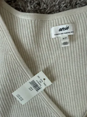 Aerie Ivory Ribbed Knit Tie Front Pullover Sweater Bow Accent Stretch S thumbnail 2