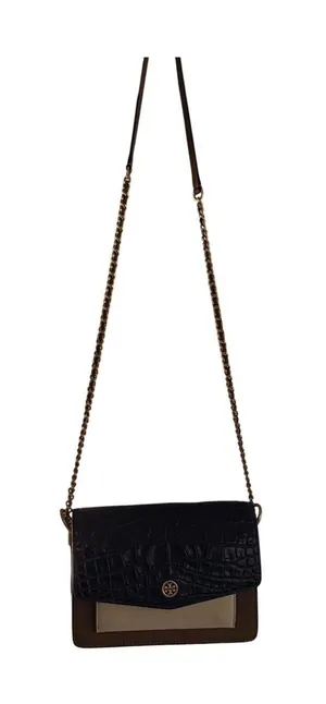 Tory Burch Black Brown Croc Embossed Leather ChainCrossbody Bag Purse thumbnail 1