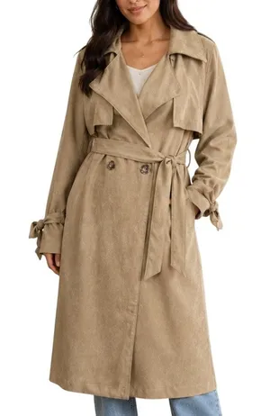 boohoo Tan Faux Suede Trench Coat M NWT Oversized Belted Minimalist thumbnail 1