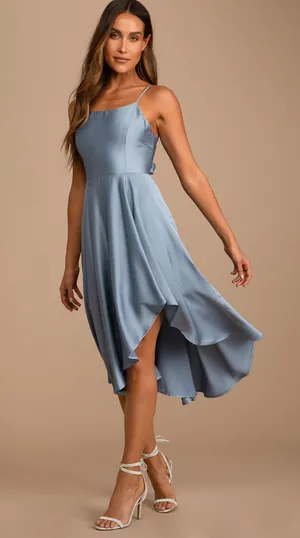 Lulus Blue Satin Asymmetrical Tie-Back Midi Dress thumbnail 1