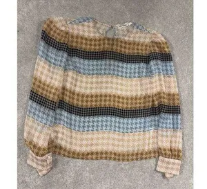 Roller Rabbit Womens Medium Popover Orange Blue Hounds Tooth Print Chiffon Sheer thumbnail 1
