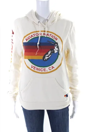Aviator Nation Vintage White Cream Malibu Logo Drawstring Hoodie Medium thumbnail 1