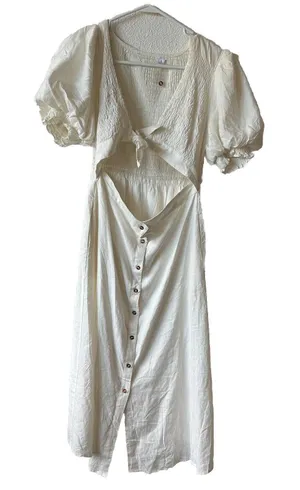 Source Unknown White Puff Sleeve Dress Halter Top Smocked Back Women's Large Tie Front Buttons thumbnail 1