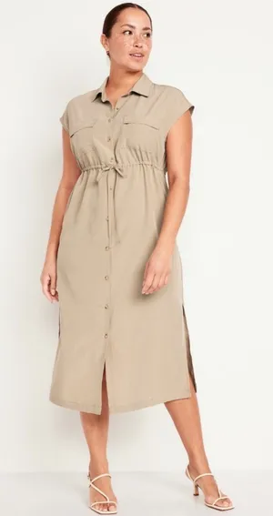 Old Navy Mocha Taffy Waist-Defined Utility Midi Shirt Dress thumbnail 1