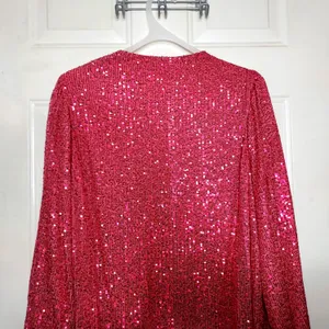 NWT Body Love Hot Pink Sequin Wrap Long Sleeve Party Dress LG holiday bling midi thumbnail 14
