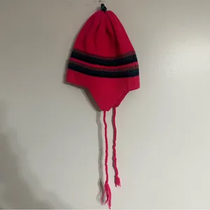 Hi-Line Knits 100% Wool Winter Hat‎ Tassles On Top + Ear Cover Bright Pink thumbnail 6