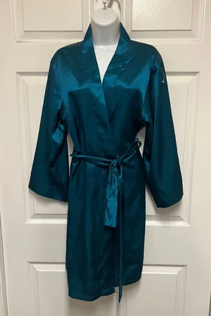 Icollection Teal Short Satin Robe Blue Size L thumbnail 2