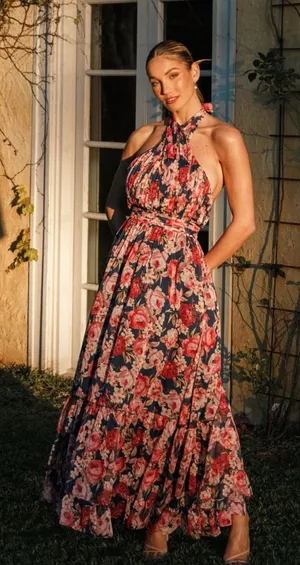 Petal & Pup LENNON HALTERNECK MAXI DRESS FLORAL Tiered Size S thumbnail 1
