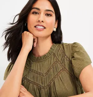 LOFT Dobby Stripe Shirred Ruffle Flutter Sleeve Tp in Olive Green. thumbnail 2