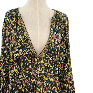 Free People Gardenia Tunic Top Floral Print Long Sleeve Black‎ Combo Size Large thumbnail 5