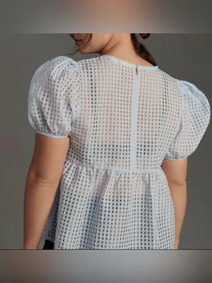 Maeve Anthropologie Babydoll Sheer Light Blue Puff-Sleeve Peplum Top thumbnail 3
