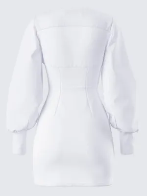 Finesse White Corset Mini Dress Long Puff Sleeve Button Front Bodycon Dress -S thumbnail 3