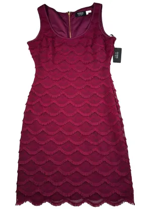 GUESS Fringe Sheath Dress Wine Scalloped Womens Size 4 Sleeveless Short New thumbnail 1
