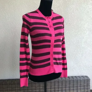 Ann Taylor LOFT Womens Sweater Sz XS Striped‎ Crewneck Cardigan Pink Chocolate thumbnail 4
