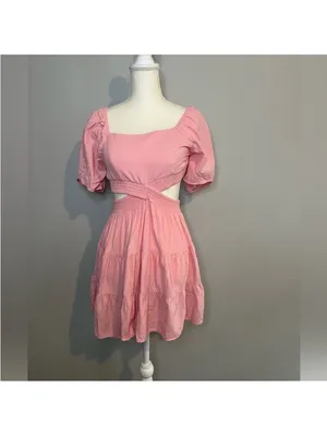 Shy Velvet Dress Womens L Crossover Cut Out‎ Waist Mini Summer Square Neck Pink thumbnail 4