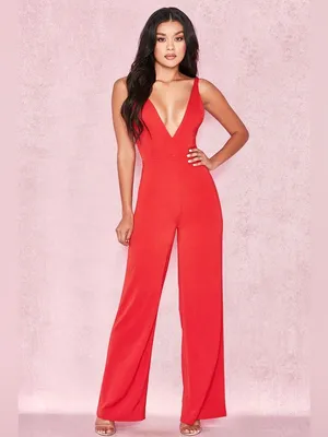 House of CB Leilah Sleeveless Plunge Jumpsuit Wide Leg Red Medium Glam Romantic thumbnail 2
