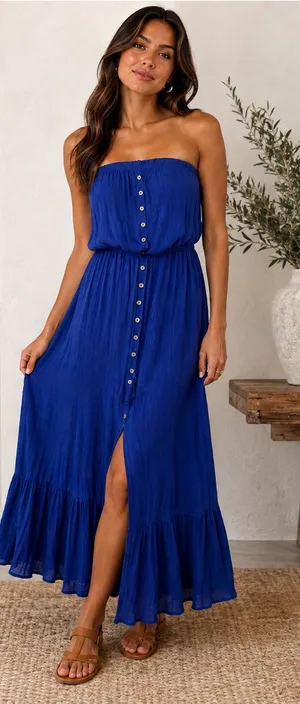 Bluivy Size L Royal Blue Strapless Button Front Maxi Dress thumbnail 1