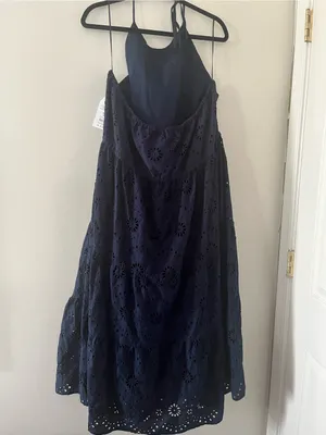 NWT Navy Blue Eyelet Cotton Midi Dress XXXL Resort Euro Summer Coastal Vacation thumbnail 6
